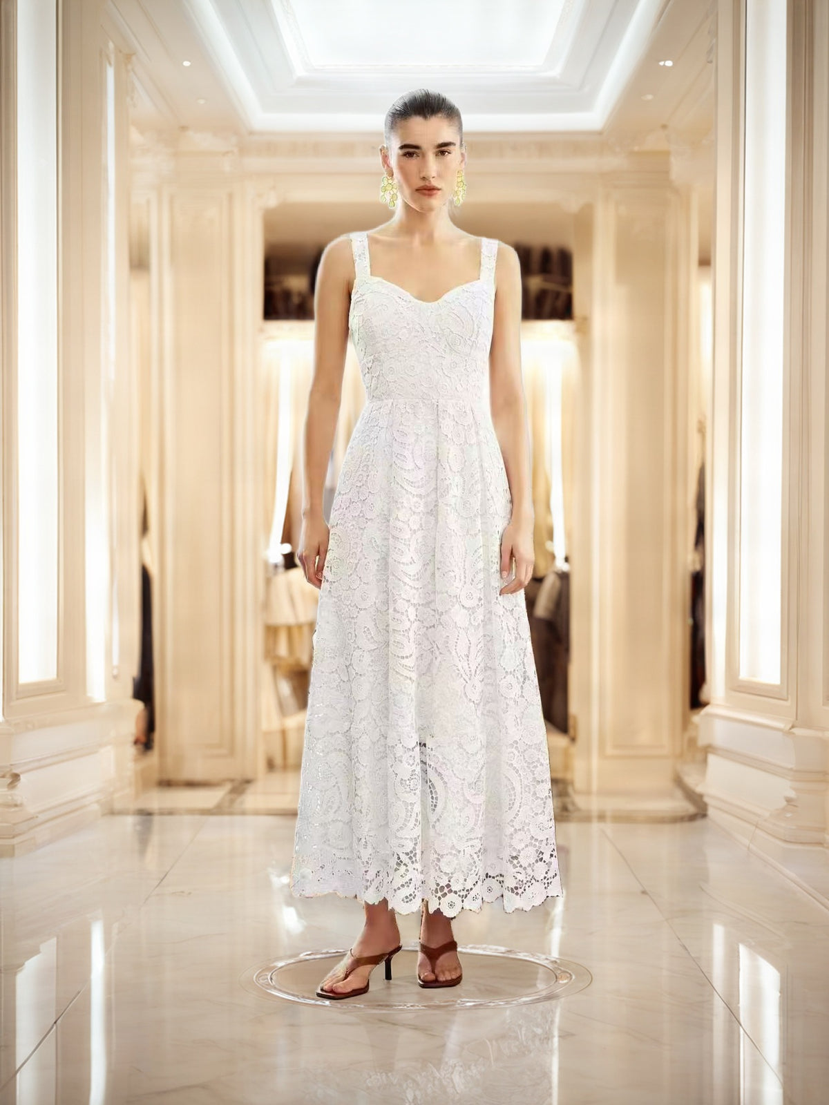 Scalloped Lace Midi Dress with Sweetheart Neckline model front view · nz-bg-v1