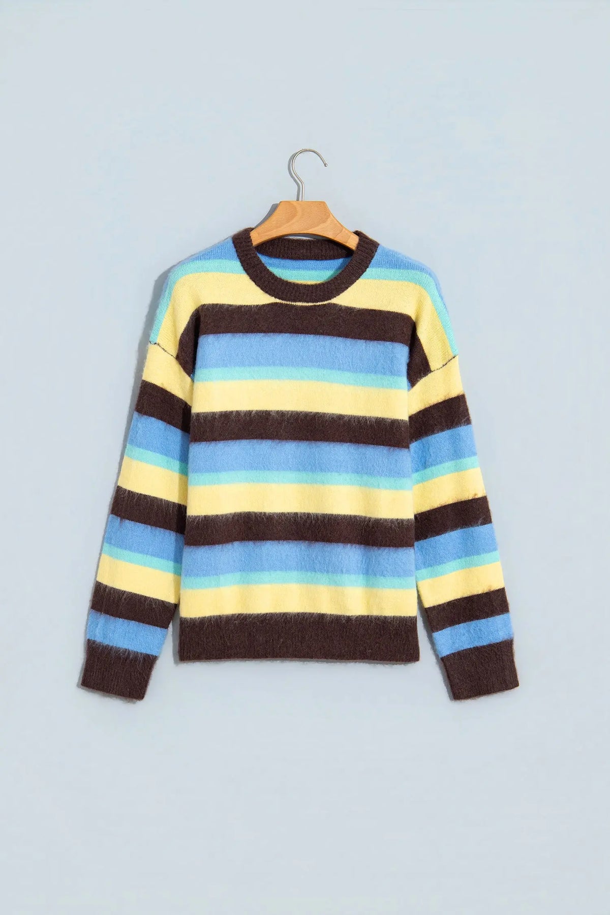 Multicolour Fuzzy Striped Knit Round Neck Casual Shift Sweater