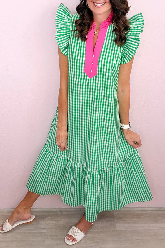 Bright Green Summer Color-Blocked Plaid Pattern Midi Dress Nataliz