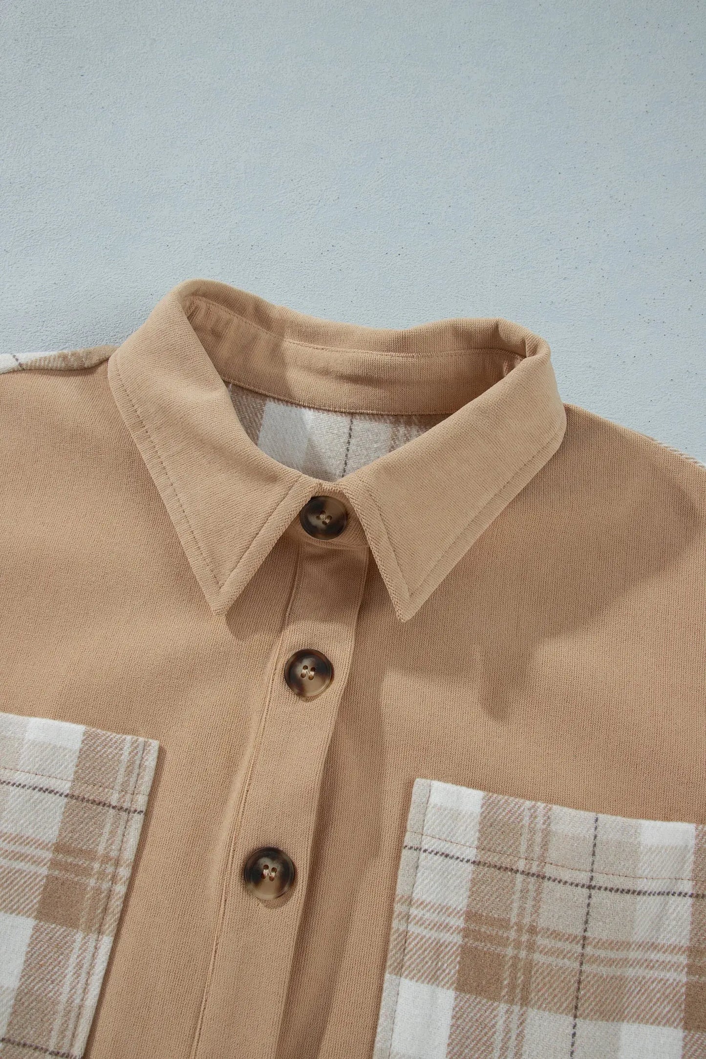 Light French Beige Plaid Colorblock Shirt Collar Shift Shacket