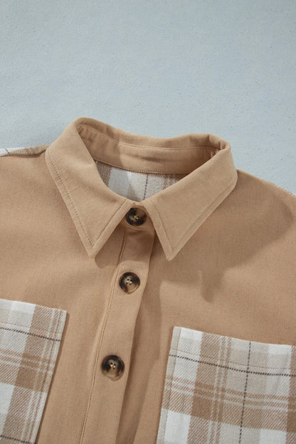 Light French Beige Plaid Colorblock Shirt Collar Shift Shacket
