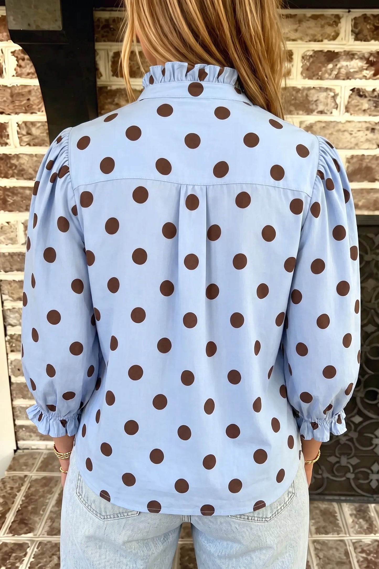 Fiery Red Polka Dot Striped Print Ruffle Stand Neck 3/4 Sleeve Shift Shirt