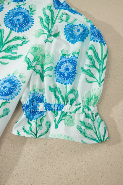 Sky Blue Floral Print Half Button Frilly Short Sleeve Dress
