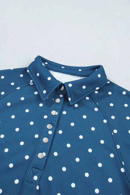 Pink Polka Dot Print Metal Button Collar Casual Pullover Sweatshirt