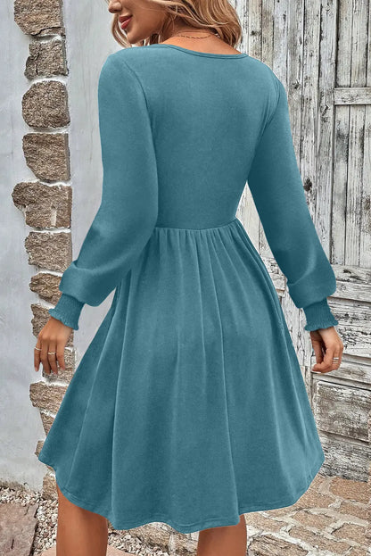 Canton Shirred Cuff Long Sleeve Button Round Neck Mini Dress