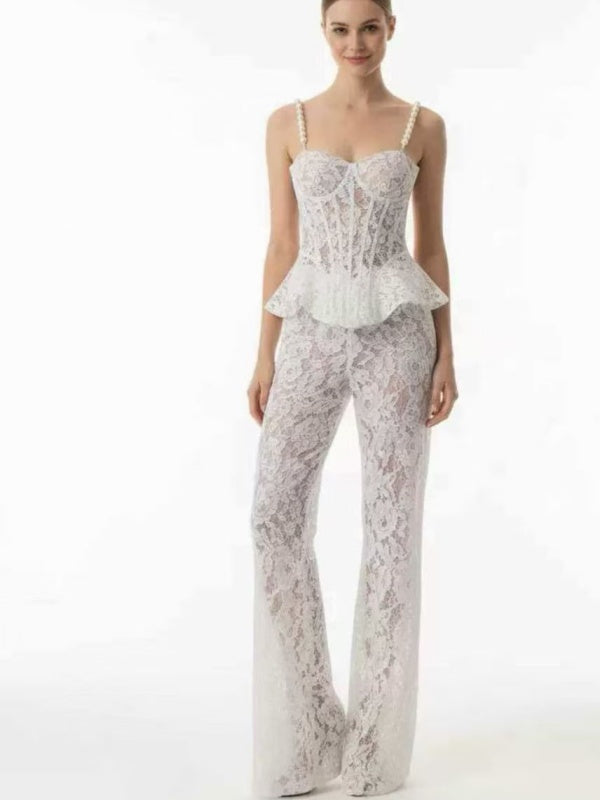 Floral Lace Peplum Bustier Top and Flared Trouser Set model front view · nz-alt-v1