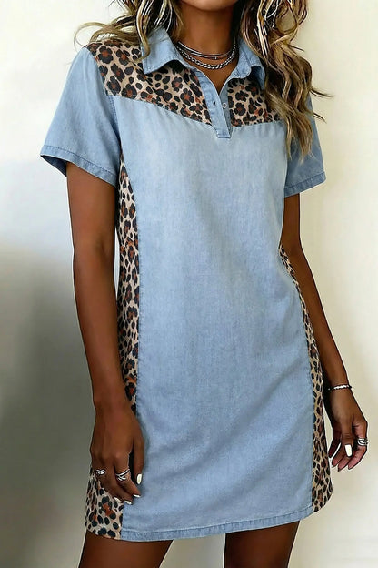 Myosotis Denim Color Block Leopard Patchwork Shirt Collar T Shirt Mini Dress Dear-Lover Dropshipping