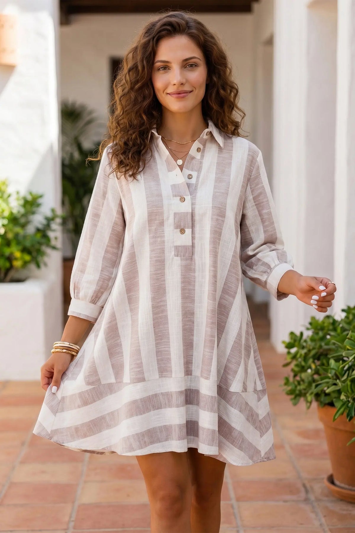Khaki Stripe Button-Up Three-Quarter Sleeve Shift Dress model front view · nz-alt-v1