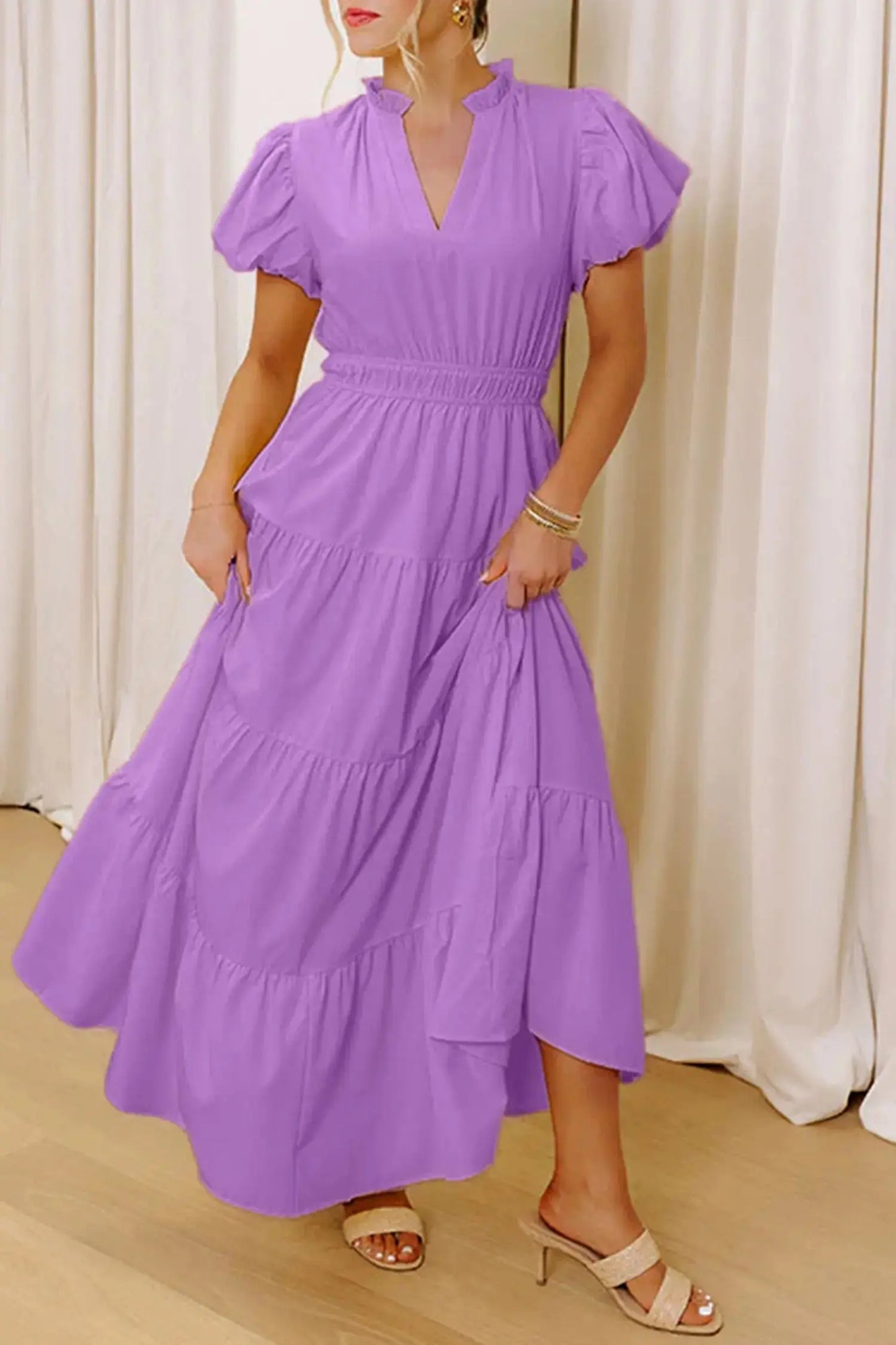 Bright Green Solid Color V Neck Short Puff Sleeve High Waist Tiered Maxi Dress - Casual Dresses