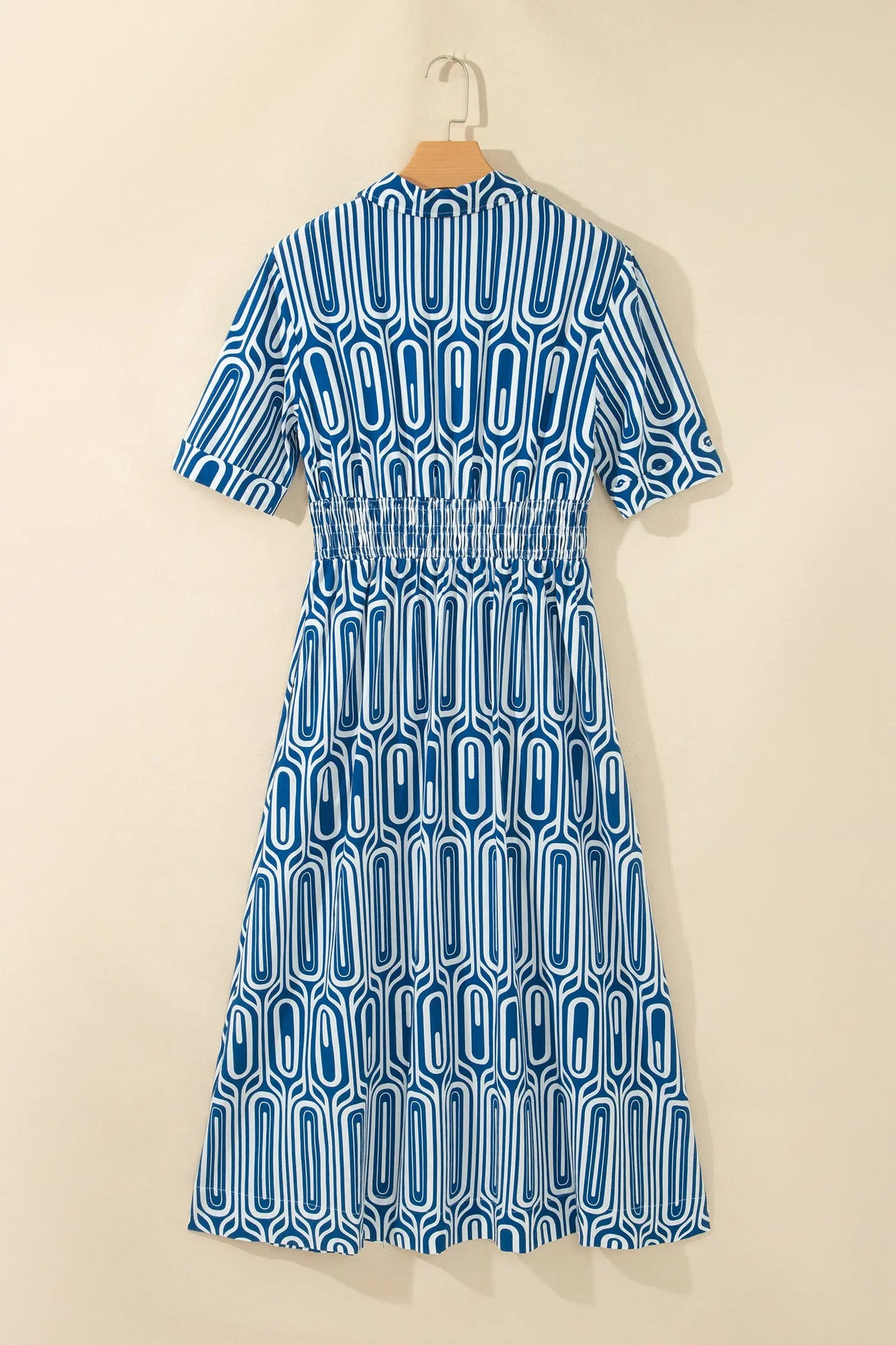 Blue Geometric Print Short Sleeve Drawstring Shirt Collar Dress