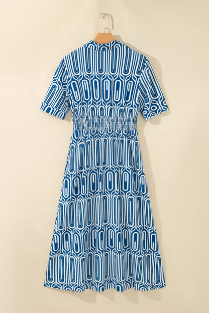 Blue Geometric Print Short Sleeve Drawstring Shirt Collar Dress
