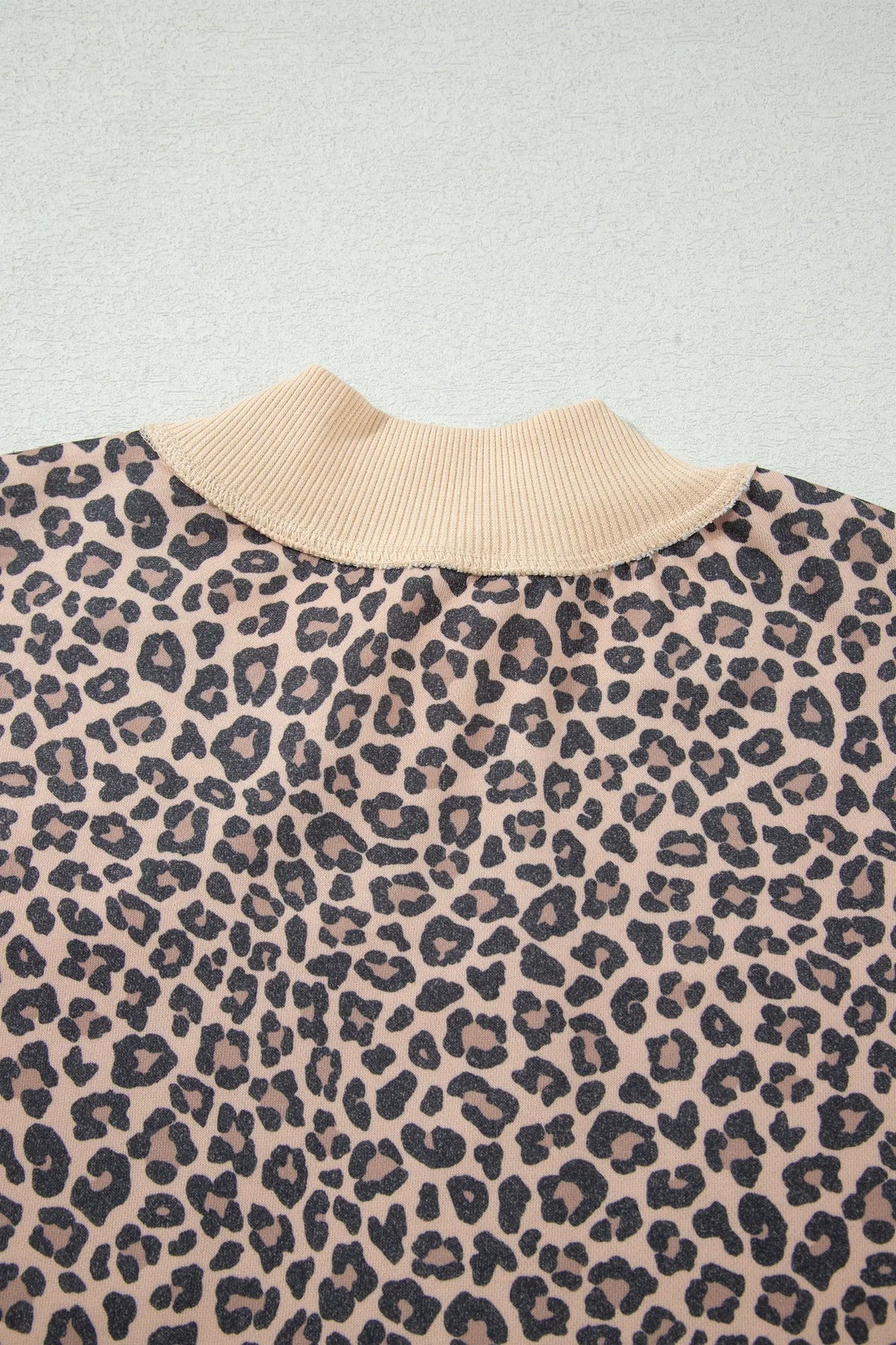 Brown Leopard Print High Neck Long Sleeve Ribbed Cuffs Hem Sweatshirt