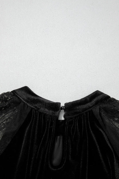 Color Black Solid Color Sheer Lace Long Sleeve Patchwork Stand Neck Velvet Blouse