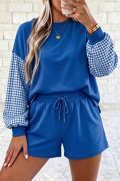 Red Plaid Patchwork Long Sleeve Top Solid Drawstring Shorts Set
