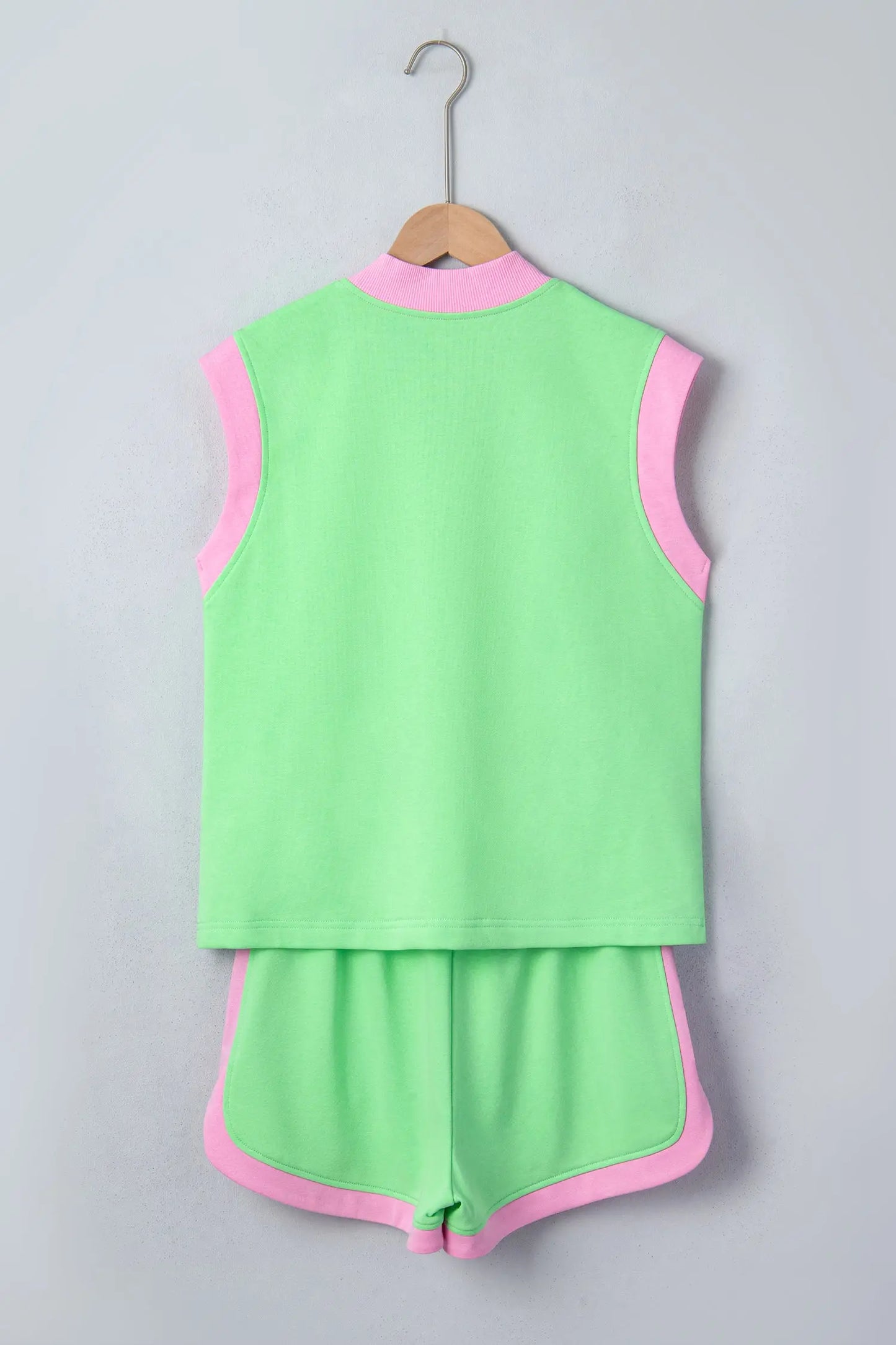 Green Color Block Accent Half Zip Top Athleisure Shorts Set