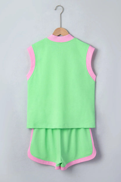 Green Color Block Accent Half Zip Top Athleisure Shorts Set