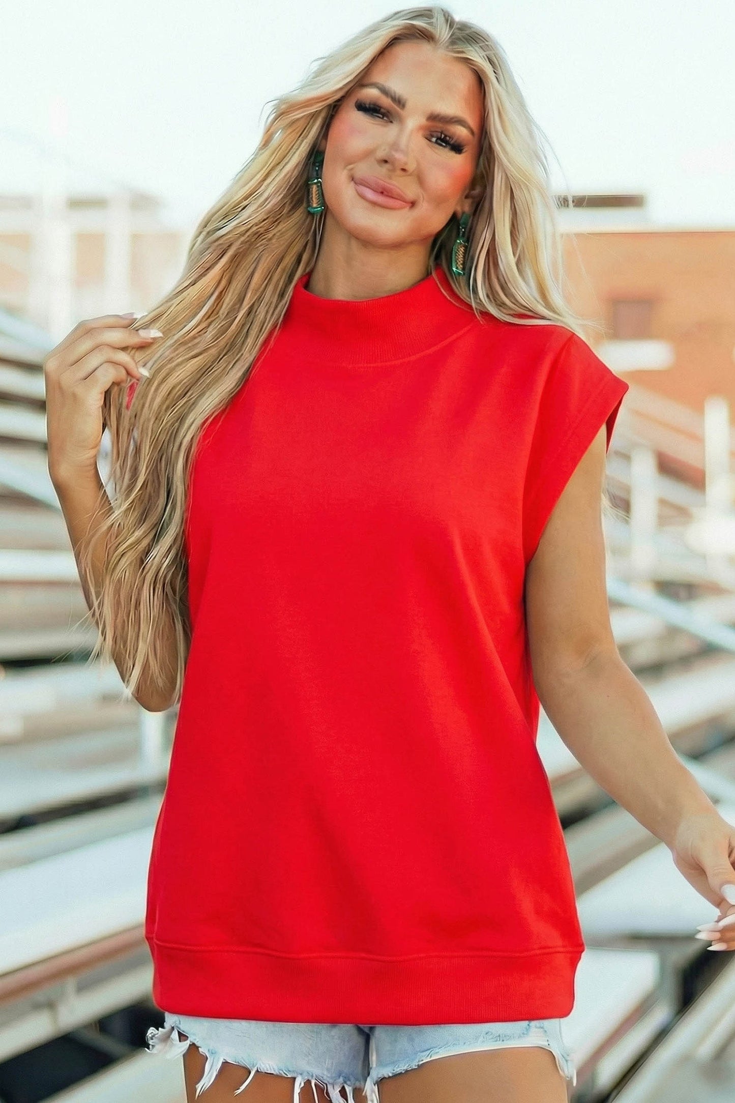 Pink Solid Color High Neck Cap Sleeve Loose Top Nataliz
