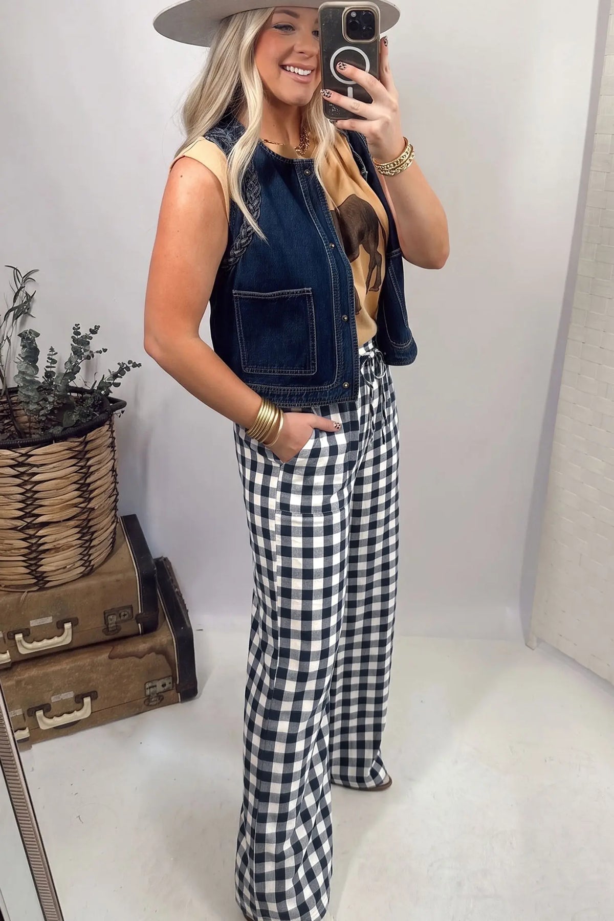 Gingham Plaid Tie Elastic Waist Shift Pants