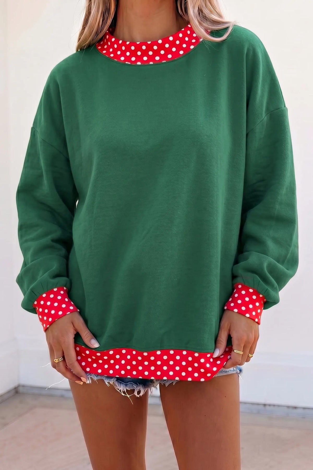 Tillandsia Purple Colorblock Polka Dot Contrast Trim Oversized Sweatshirt