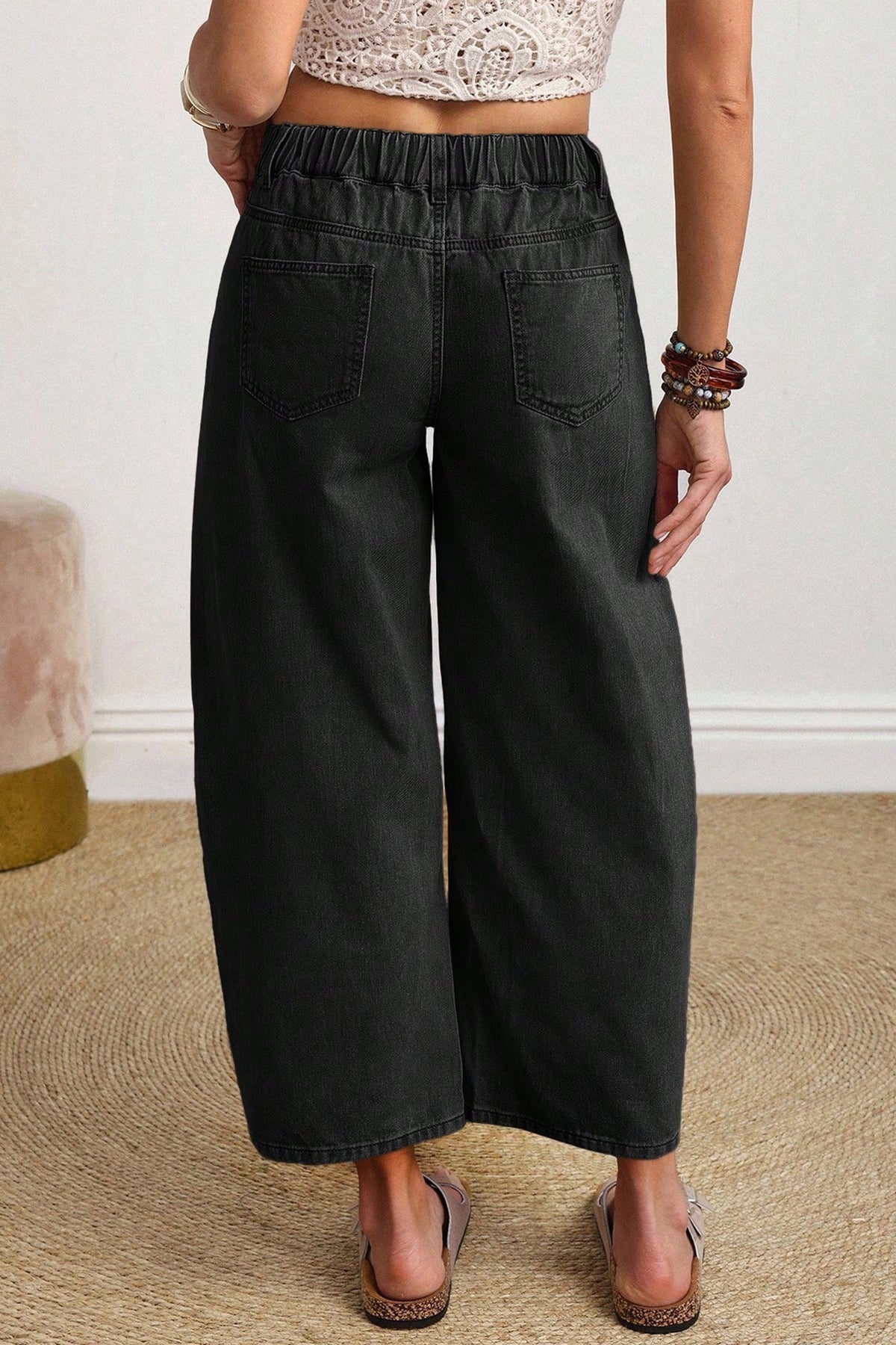 Solid Color Square Patch Pocket Ankle-length Barrel Jeans
