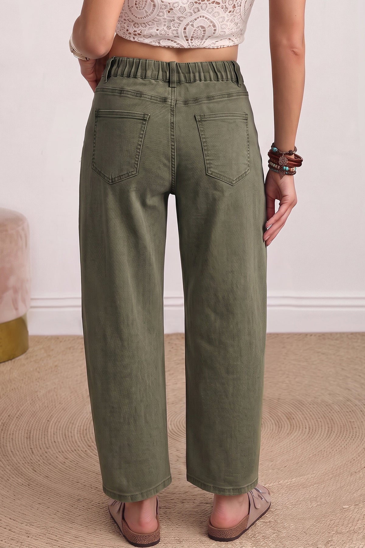 Solid Color Square Patch Pocket Ankle-length Barrel Jeans