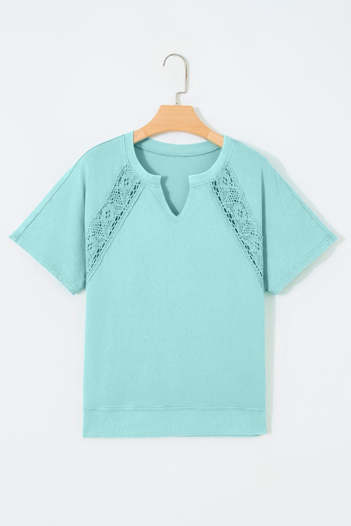 Cotton Raw Cut Notched Neck Lace Patchwork Detail Mineral Wash Tee