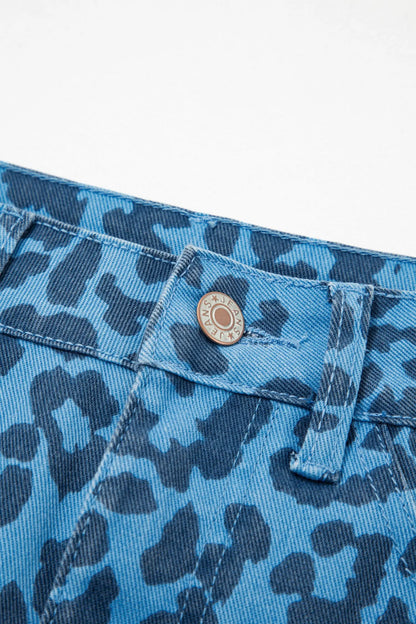 Brown Leopard Print Side Split Frayed Hem Denim Midi Skirt