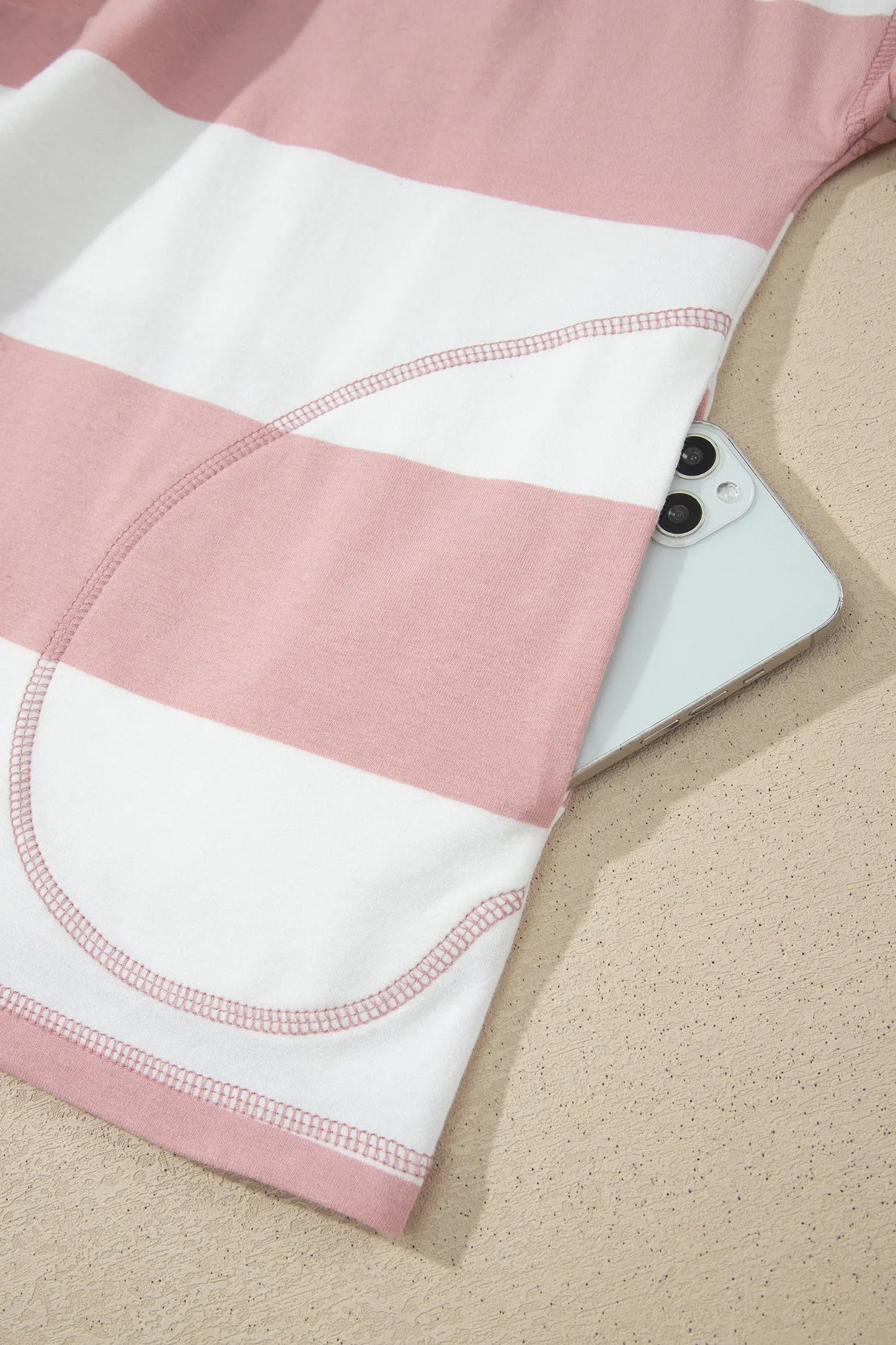 Pink Stripe Half Zip Bracelet Sleeve Top Casual Short Set