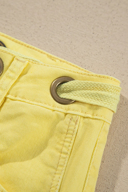 Yellow Solid Color Grommet Detail Knot Waist Barrel Jeans