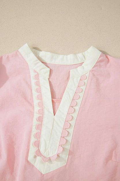 Canton Scallop Color Block Trim Puff Sleeve Mini Dress - Casual Dresses