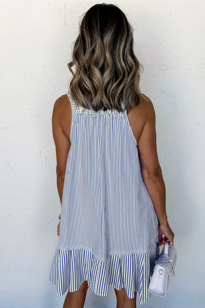 Sky Blue Stripe Shirt Collar Shirred Detail Ruffle Hem Sleeveless Dress
