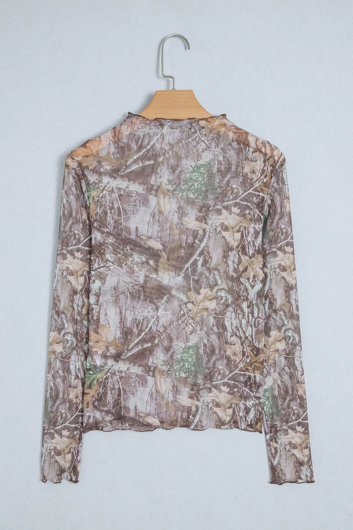 Beige Floral Print Slim Fit Mesh Long Sleeve Mock Neck Top