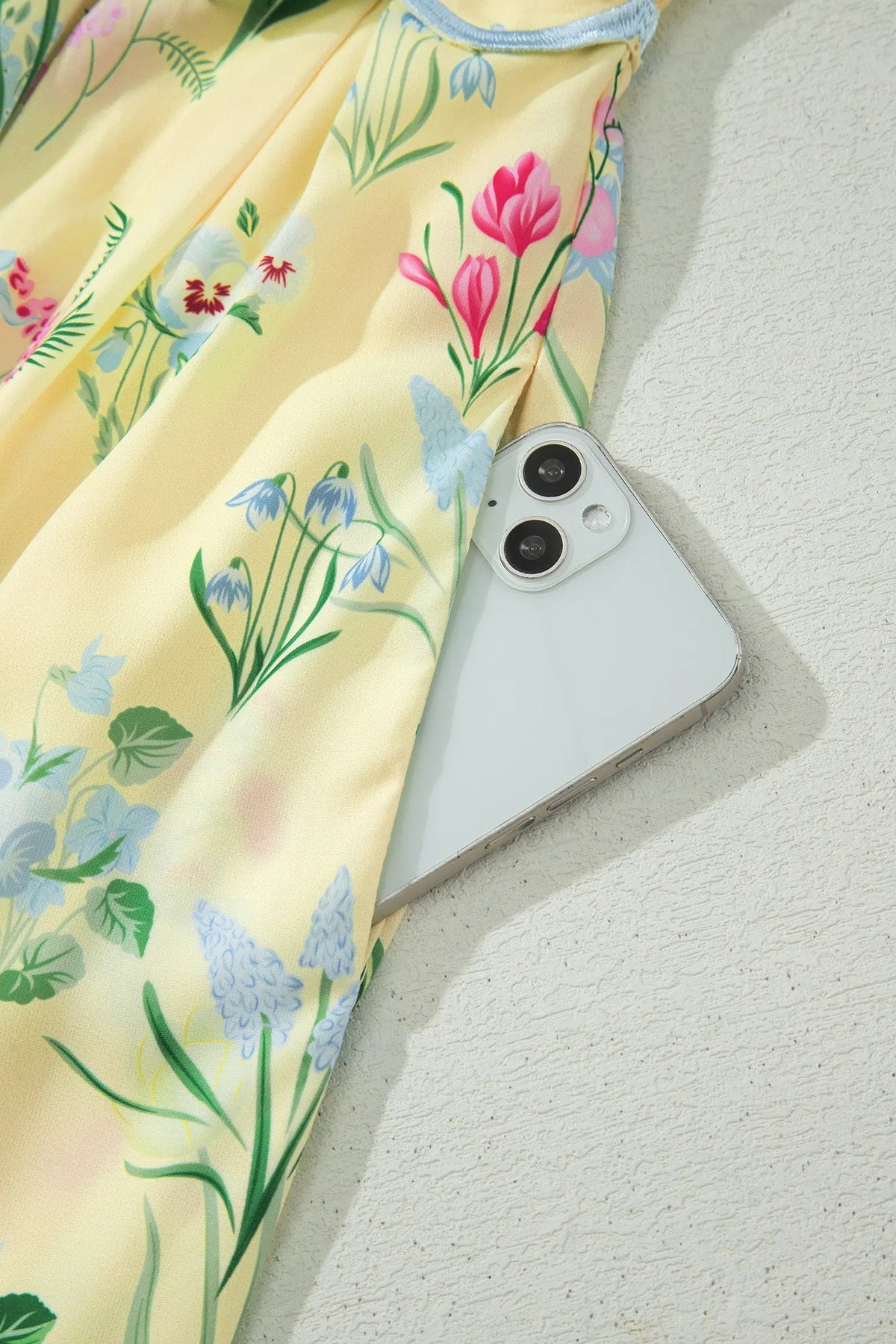 Yellow Floral Print Contrast Trim Self-tie Straps High Waist Midi Dress detail view · nz-alt-v1