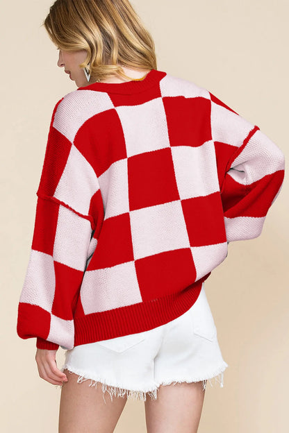 Black Checkered Bishop Sleeve Sweater