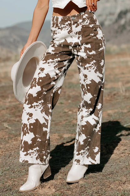 Brown Abstract Pattern Regular Fit Full-Length Western Style Jeans