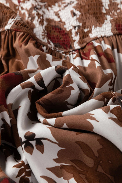 Chestnut Floral Puff Sleeve Smocked Bodice Ruffled Long Dress