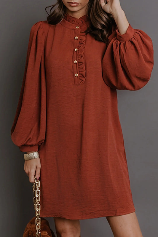 Coffee solid shift long sleeve short length one piece dress model front view · nz-alt-v1