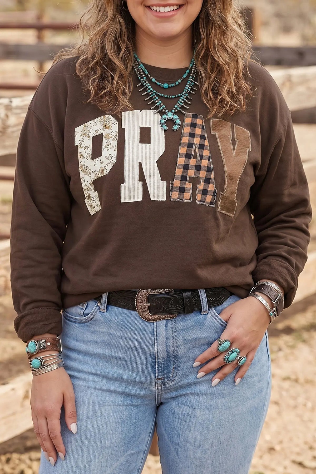 PRAY letter patchwork round neck plus size sweatshirt coffee brown model front view · nz-alt-v1