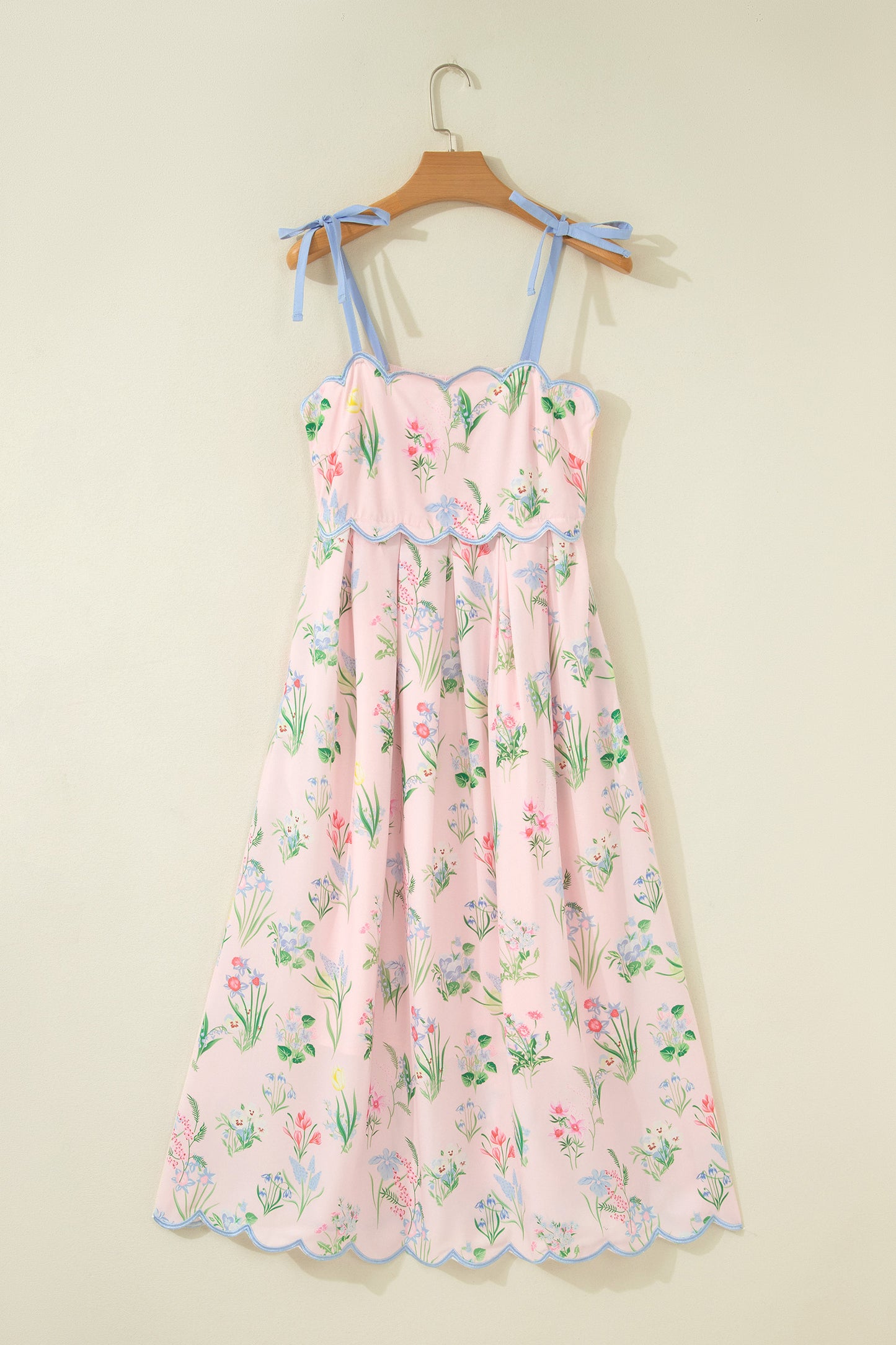 Beige Floral Print Contrast Trim Self-tie Straps High Waist Midi Dress