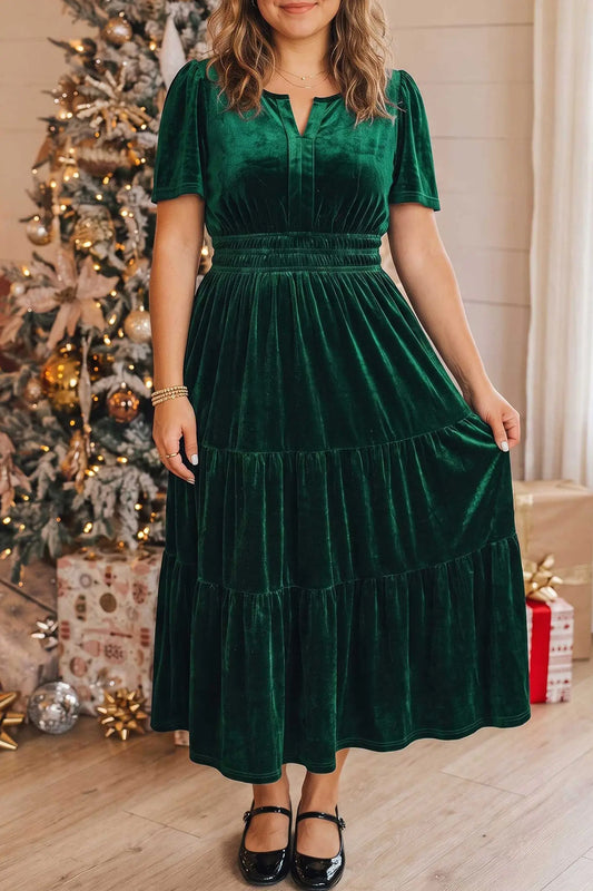 Blackish green velvet tiered maxi dress model full length front view · nz-alt-v1