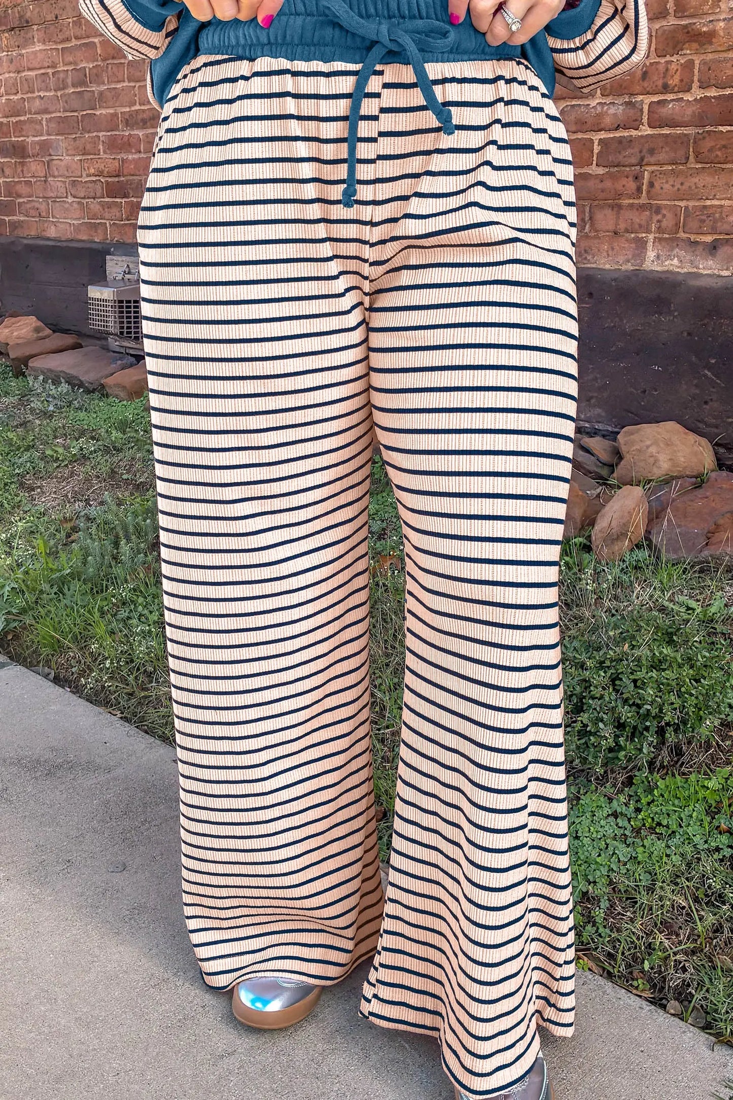 Pink Stripe Striped Colorblock V Neck Long Sleeve Plus Size Set