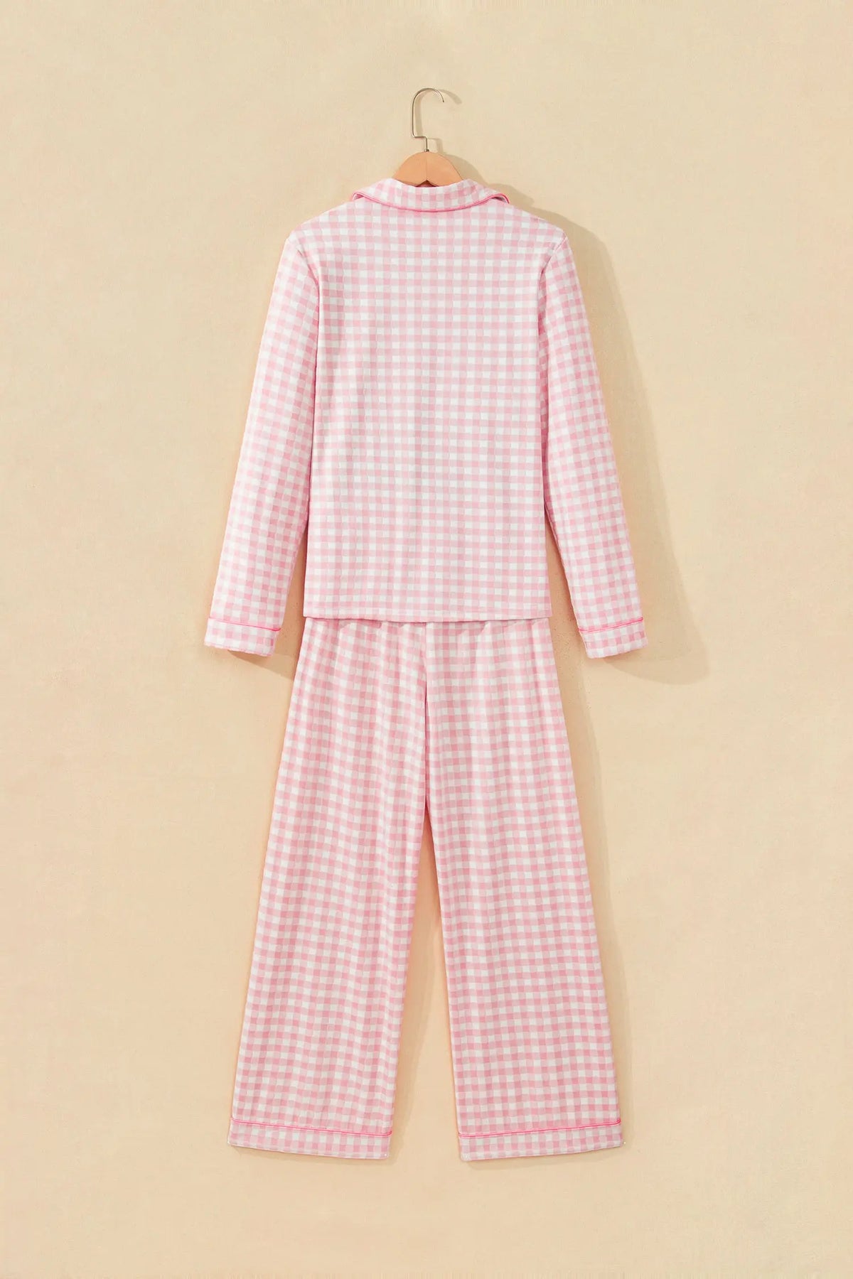 Pink Gingham Long Sleeve Lapel Shirt 2pcs Pajama Pant Set hanging view · nz-alt-v1