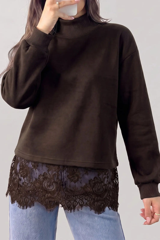 Coffee Solid Color High Neck Lace Hem Pullover Sweatshirt model front view · nz-alt-v1
