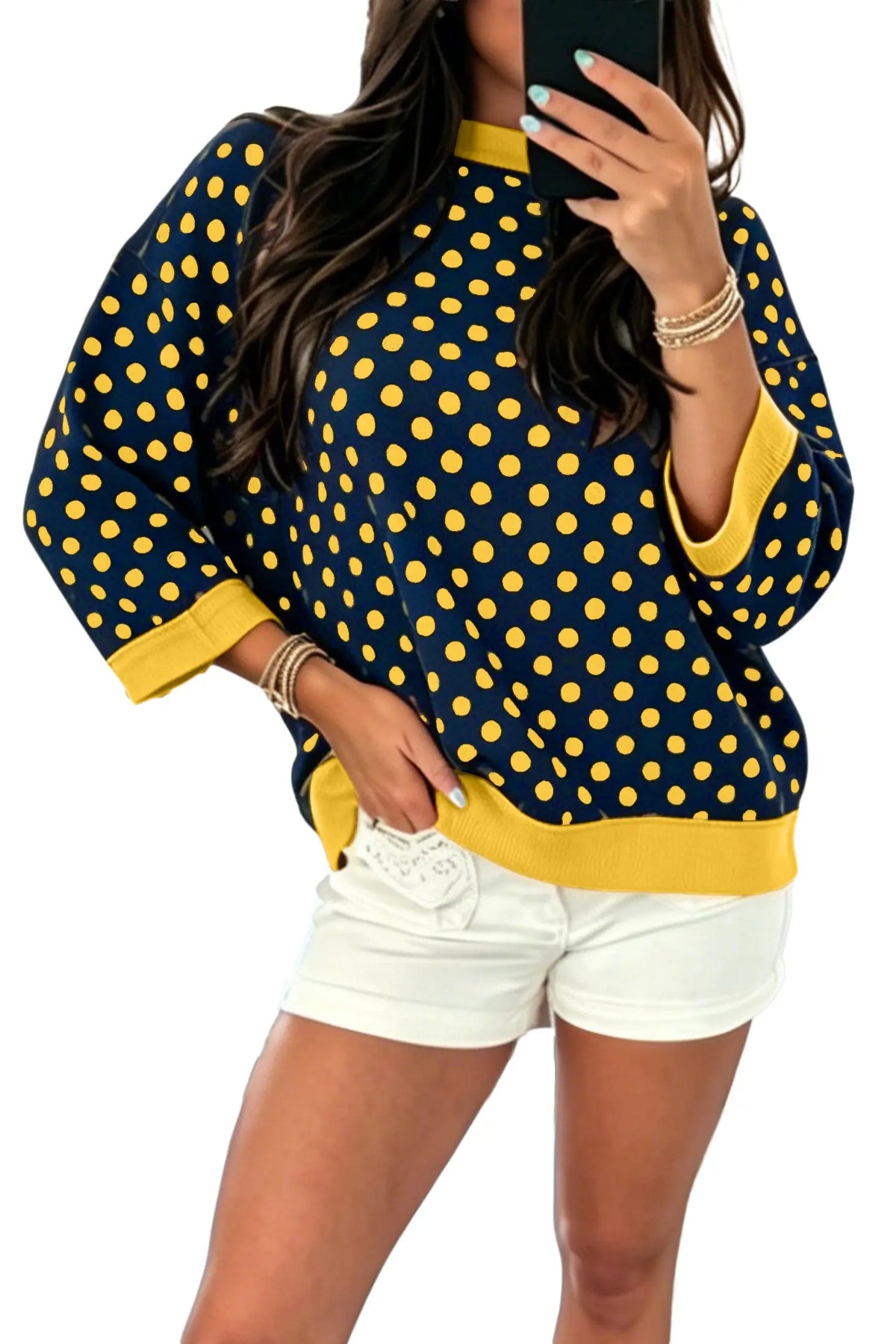 Polka Dot Print Contrast Trim Round Neck Bracelet Sleeve Top