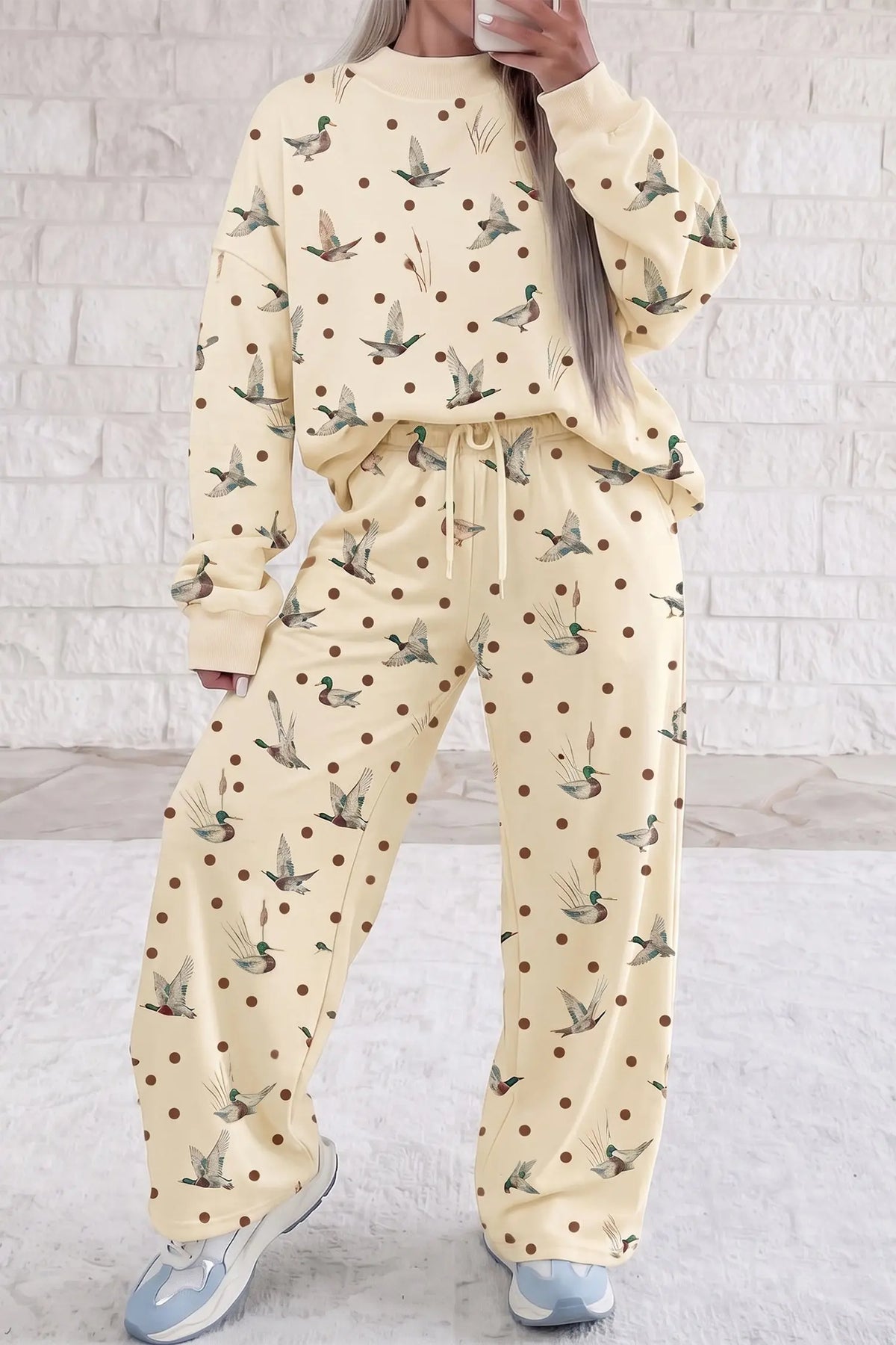 Beige polka dot mallard print crewneck pullover two piece pants set model front view · nz-alt-v1