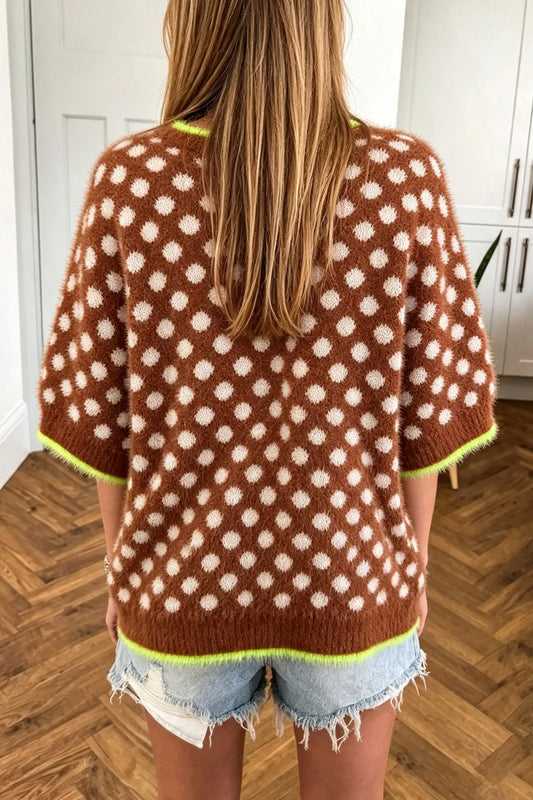 Coffee Polka Dot Contrast Trim Round Neck Half Sleeve Sweater model back view · nz-alt-v1