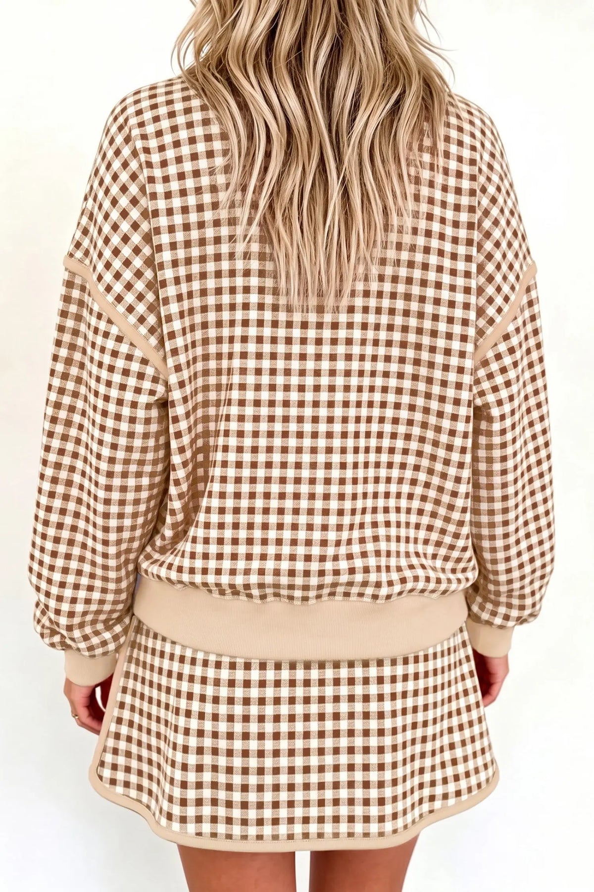 Red Gingham Oversized Ribbed Trim Crew Neck Long Sleeve Top and Skort Set
