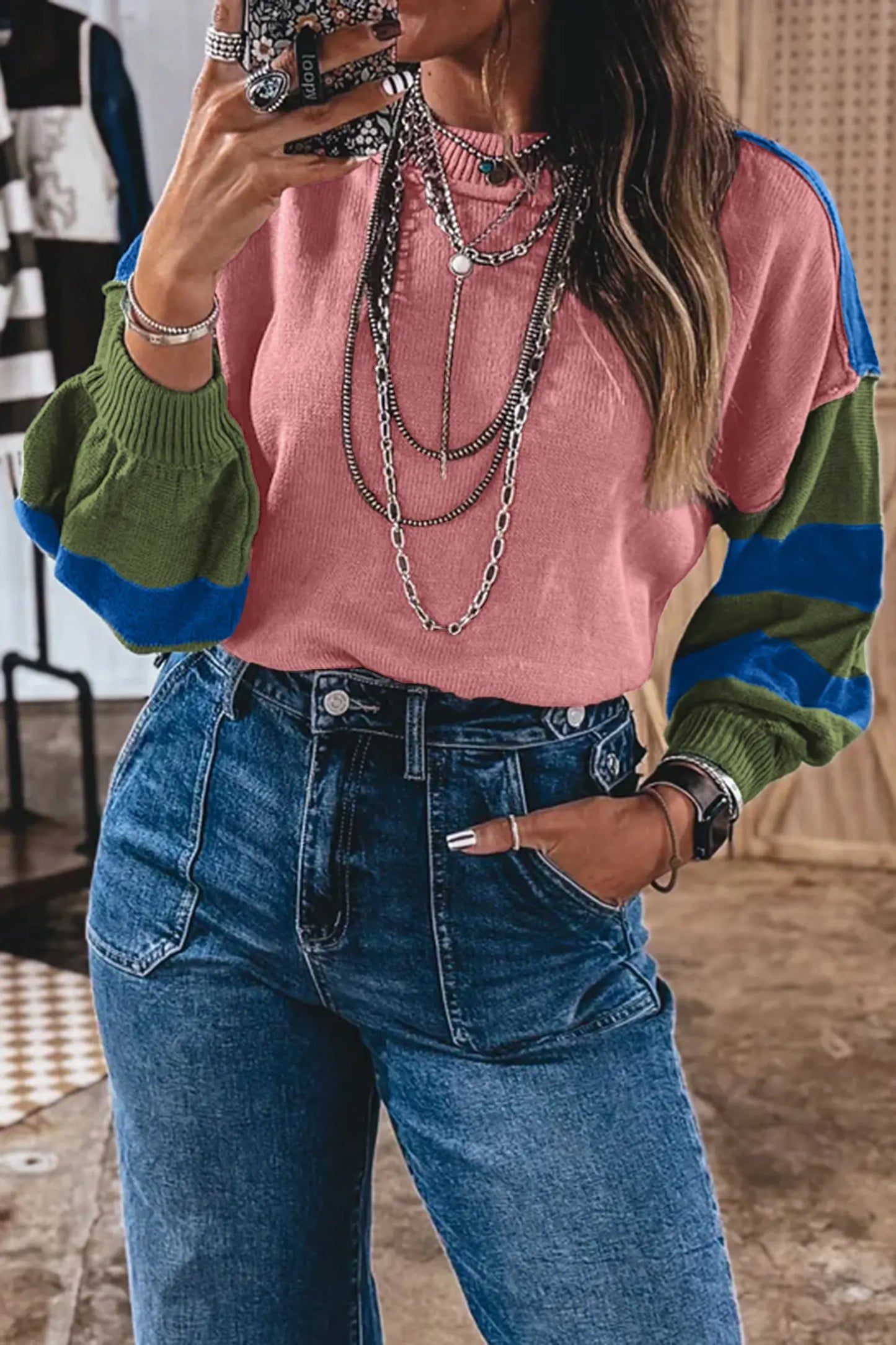 Multicolour Western Colorblock Patchwork Striped Long Sleeve Pullover Sweater