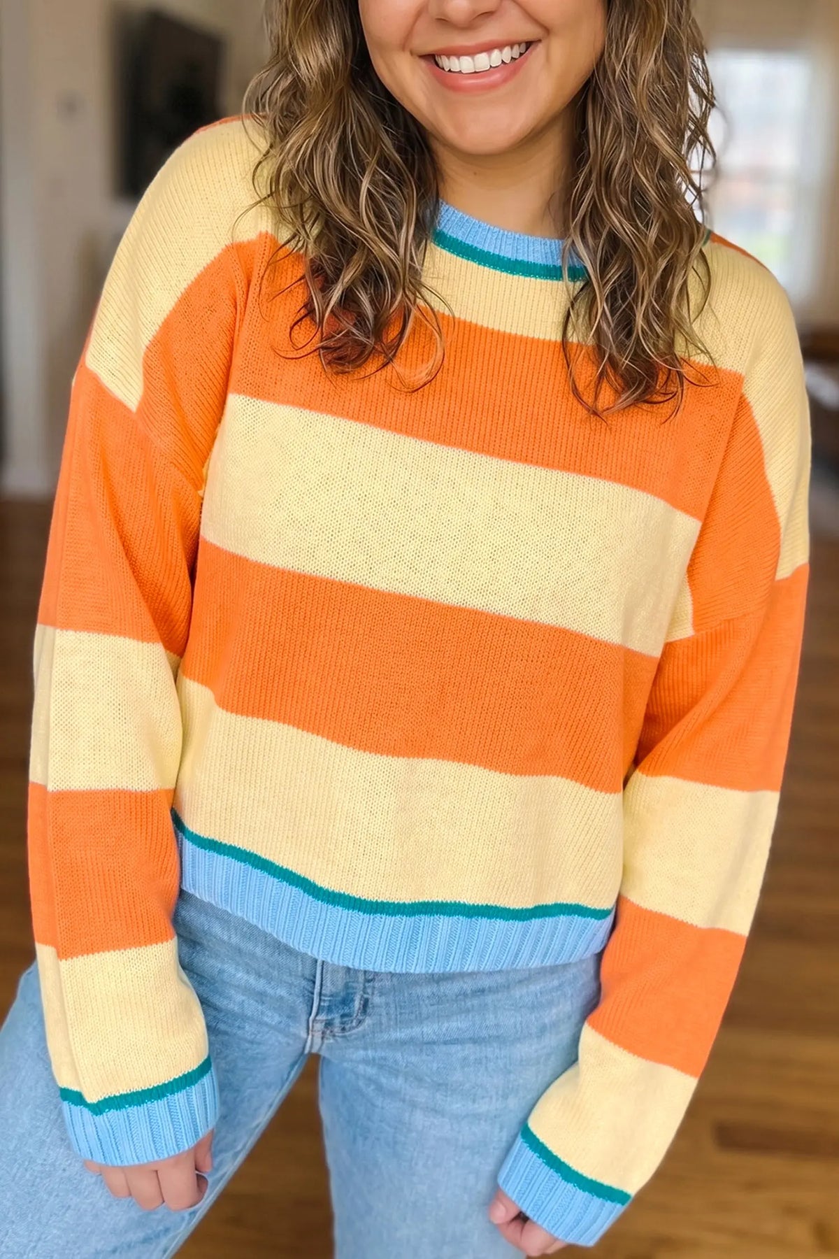 Yellow Stripe Striped Colorblock Round Neck Long Sleeve Oversized Plus Size Sweater