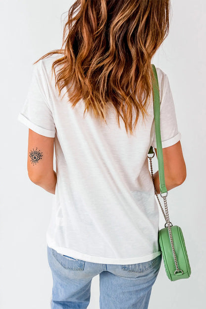 White Western Mallard Stripes Printed Graphic Round Neck Casual Tee